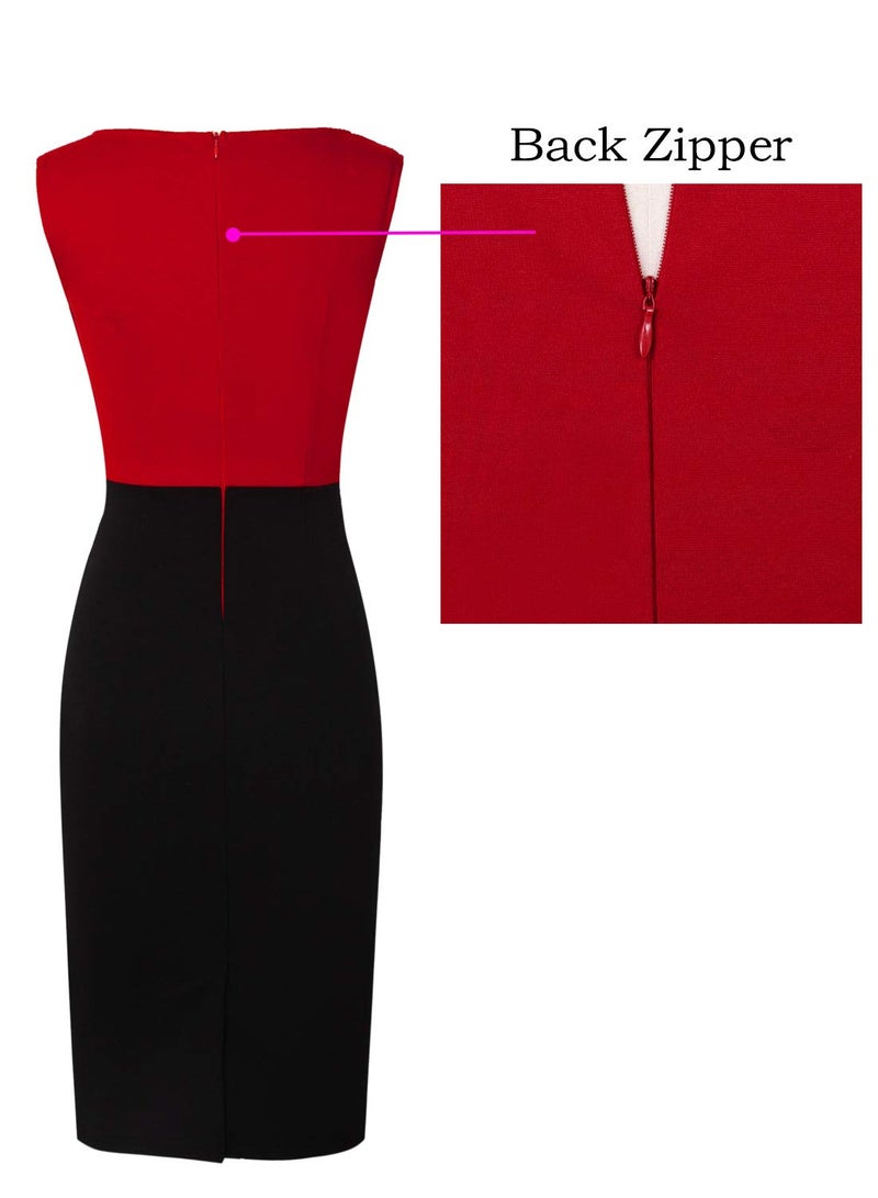 VFSHOW Womens Red and Black Colorblock Patchwork Slim Zipper Up Wear to Work Business Office Cocktail Party Professional Pencil Sheath Dress 6192 RED L - Image 4
